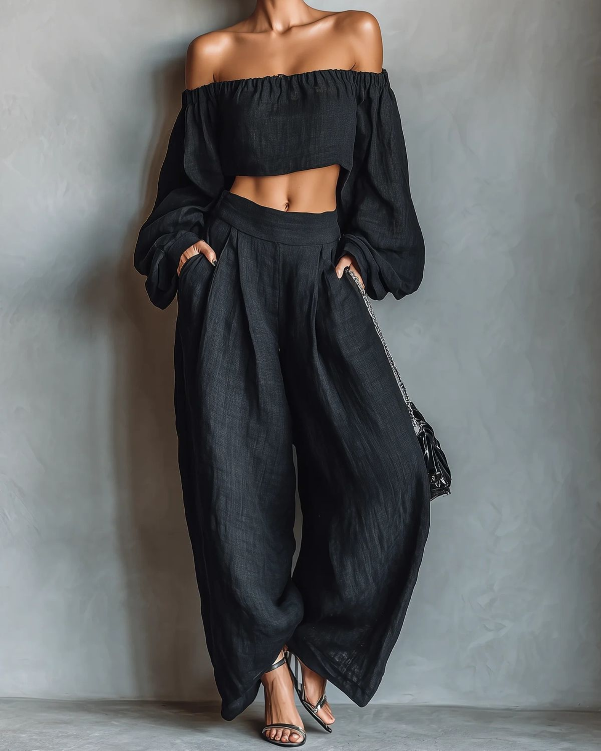 Conjunto Negro de Top Hombros Descubiertos de Manga Larga y Pantalones de Pierna Ancha