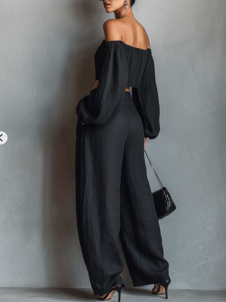 Conjunto Negro de Top Hombros Descubiertos de Manga Larga y Pantalones de Pierna Ancha