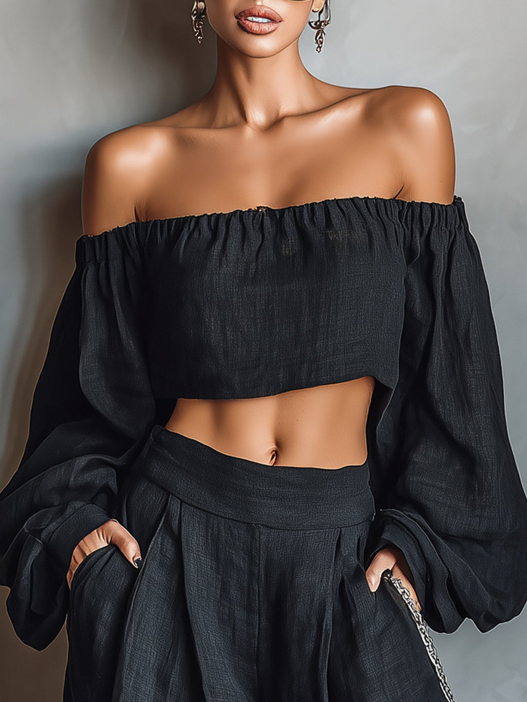 Conjunto Negro de Top Hombros Descubiertos de Manga Larga y Pantalones de Pierna Ancha