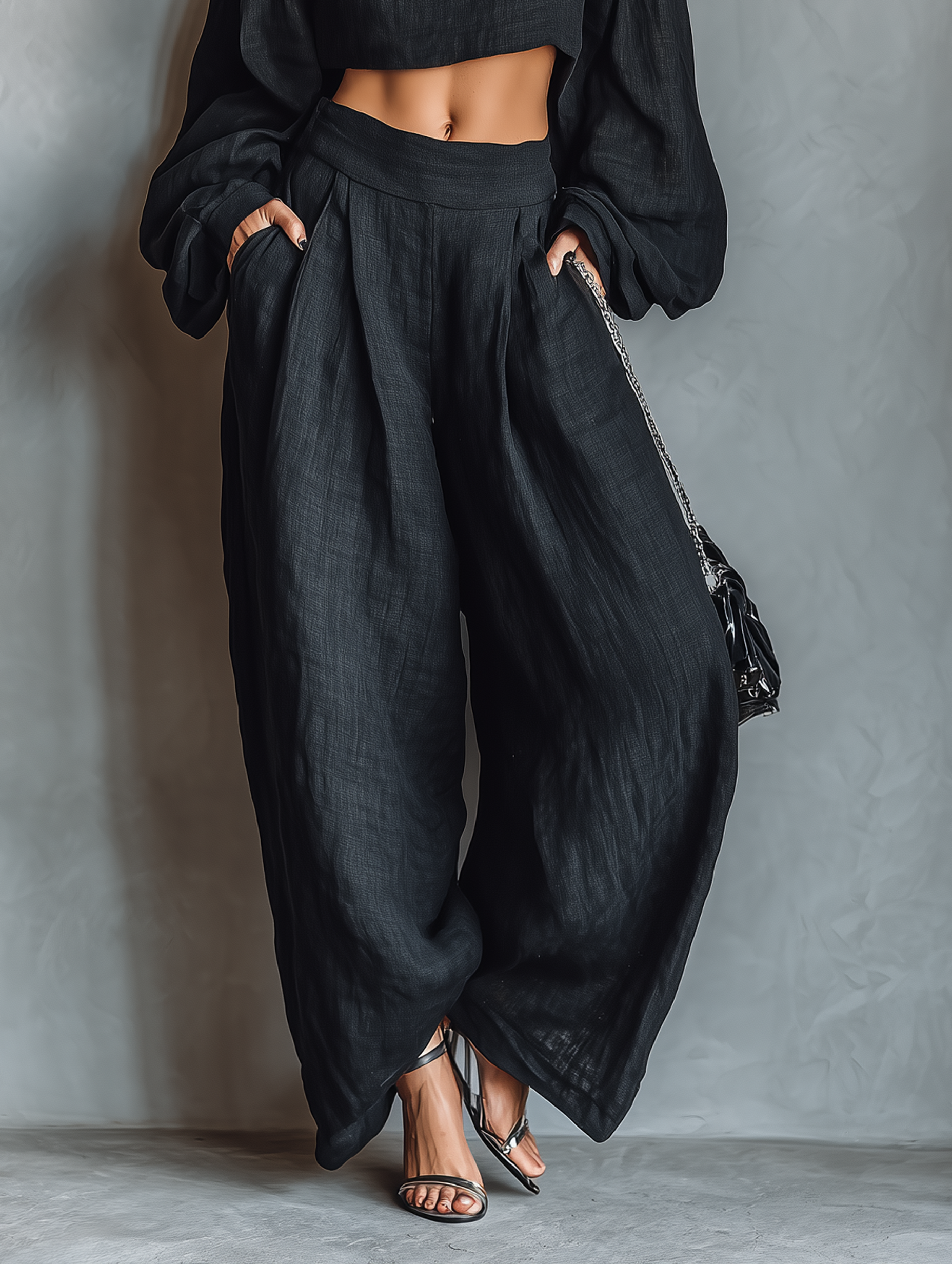 Conjunto Negro de Top Hombros Descubiertos de Manga Larga y Pantalones de Pierna Ancha