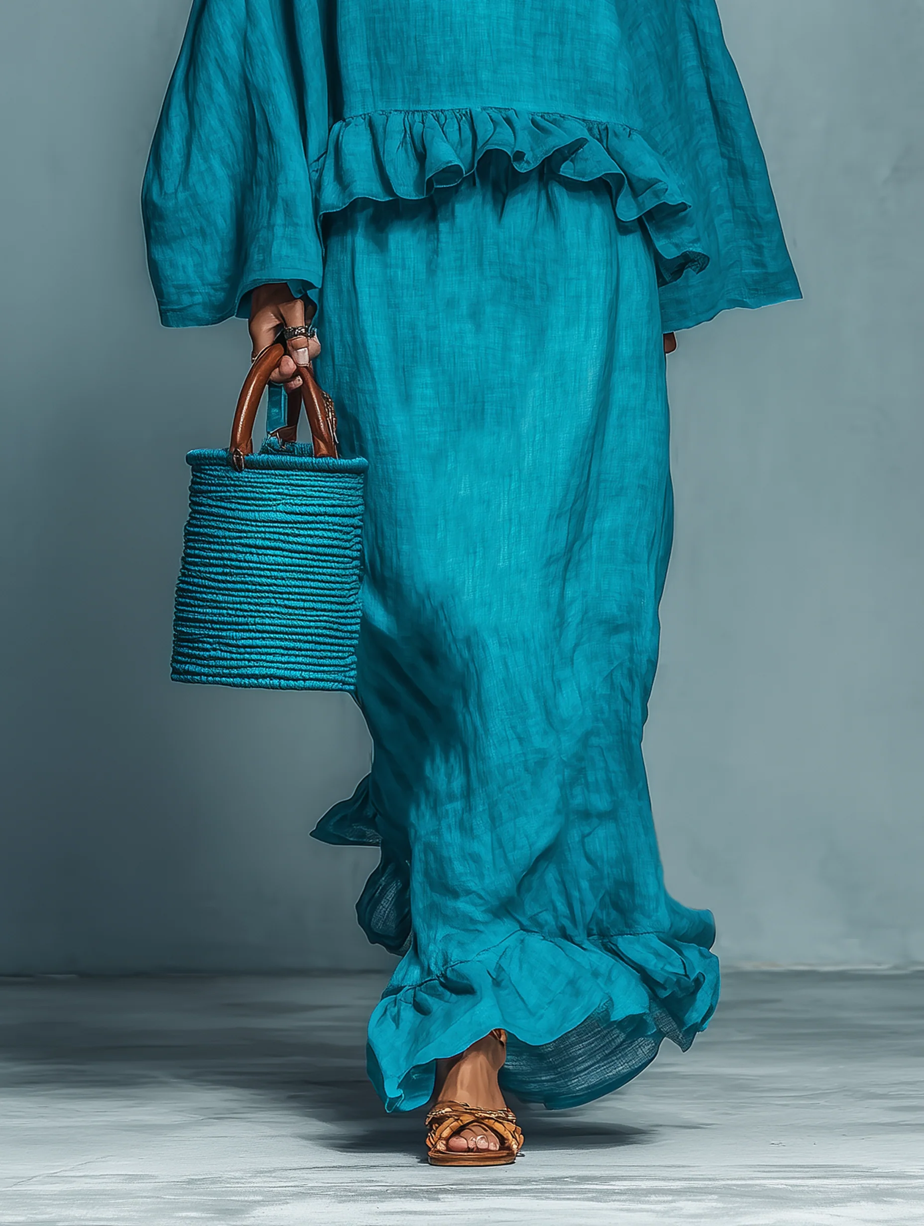 Conjunto Azul de Blusa con Volantes y Falda Recta