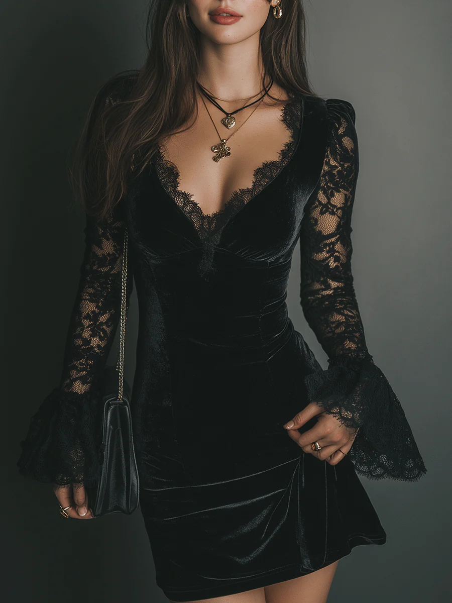 Lunori™ | Vestido mini de terciopelo y encaje Luna